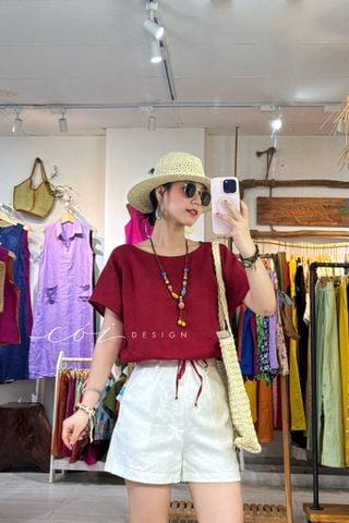 Áo cổ thuyền rút dây linen tưng premium Cói Design
