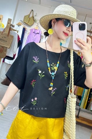 Áo cổ thuyền thêu hoa linen Hàn Cói Design