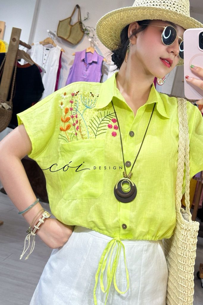 Áo Thêu hoa túi croptop rút eo linen tưng premium Cói Design