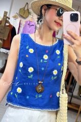 Áo sát nách thêu tay hoa rơi viền sò linen tưng premium Cói Design