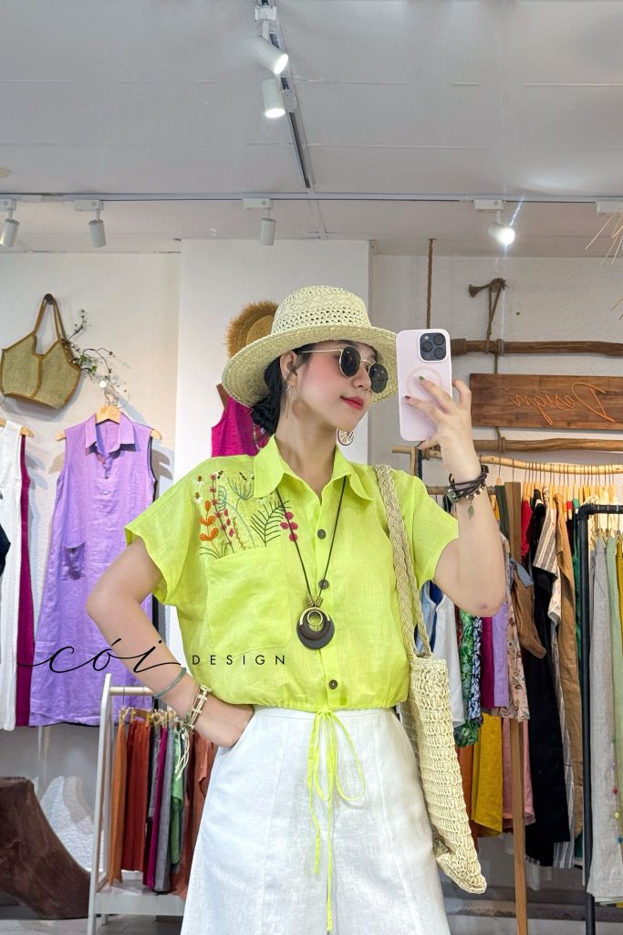 Áo Thêu hoa túi croptop rút eo linen tưng premium Cói Design