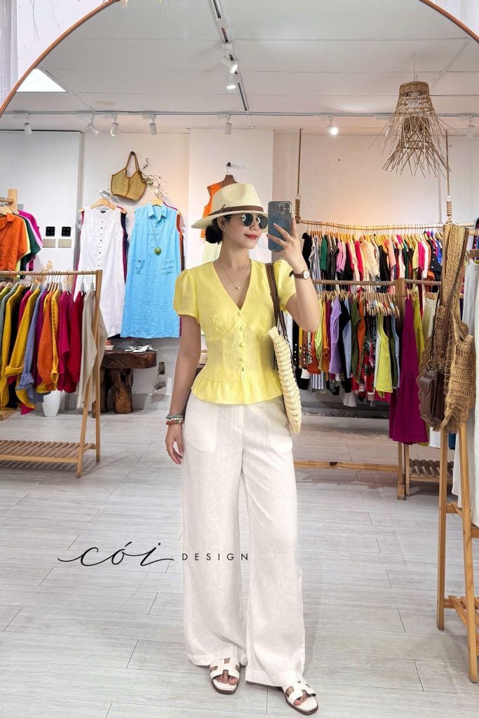 Áo cổ tim tay phồng nhún bèo linen tưng premium Cói Design