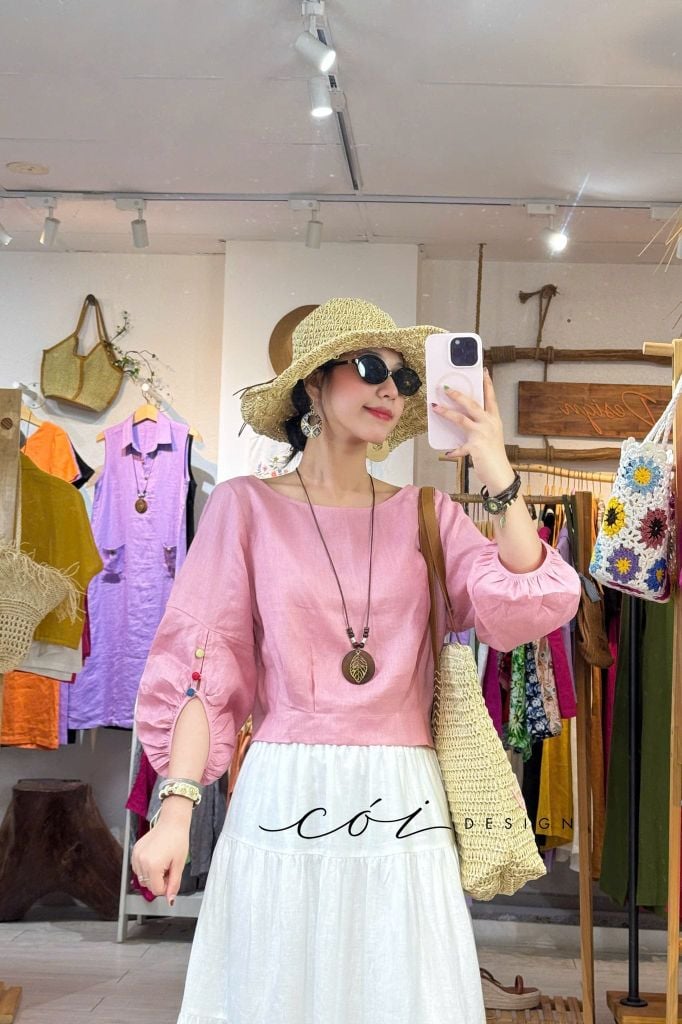 Áo tay phồng phối nơ lưng linen tưng premium Cói Design