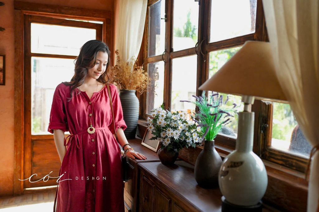 Đầm suông cổ tròn xếp nhún kèm belt linen tưng premium Cói Design