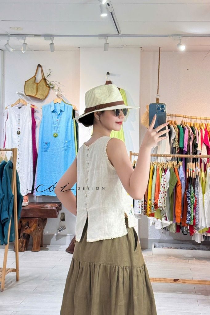 Chân váy 1 tầng nút bọc linen tưng premium Cói Design