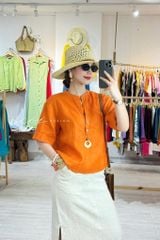 Áo cổ trụ tay ngắn nút bọc màu linen Tưng Cói Design