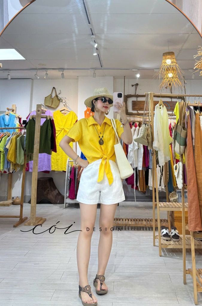 Áo tay ngắn thắt nơ linen Cói Design