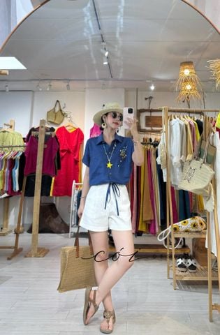 Áo sơ mi rút dây thêu hoa vai Linen tưng premium Cói Design