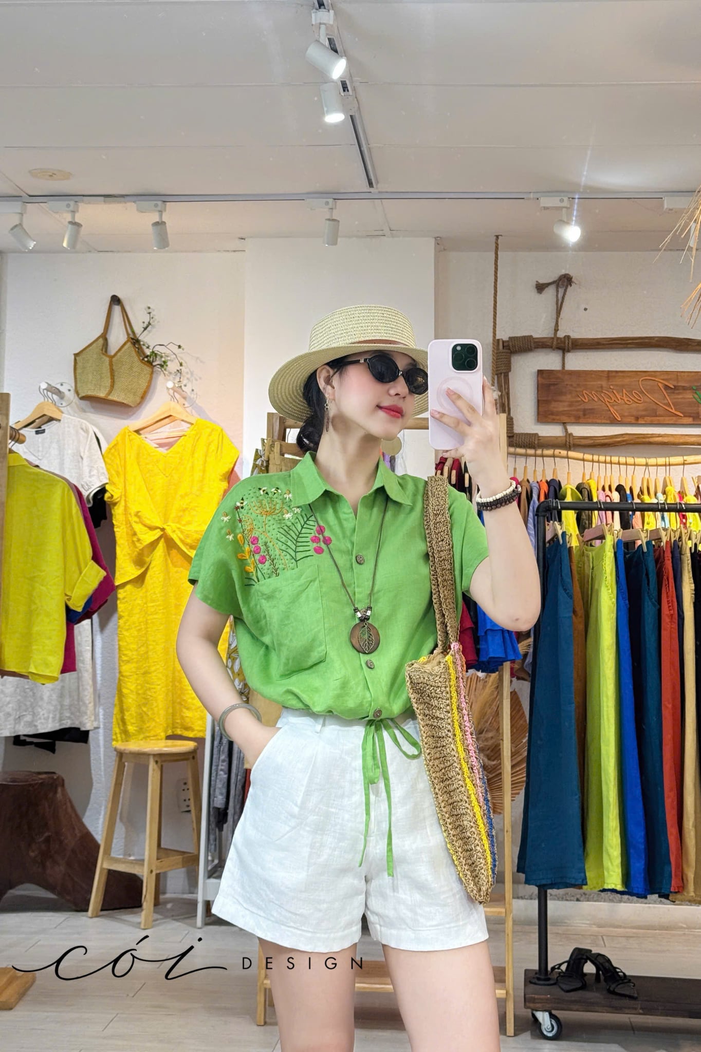 Áo Thêu hoa túi croptop rút eo linen tưng premium Cói Design