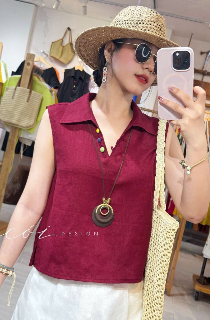 Áo sát nách cổ V nút bọc màu linen tưng premium Cói Design