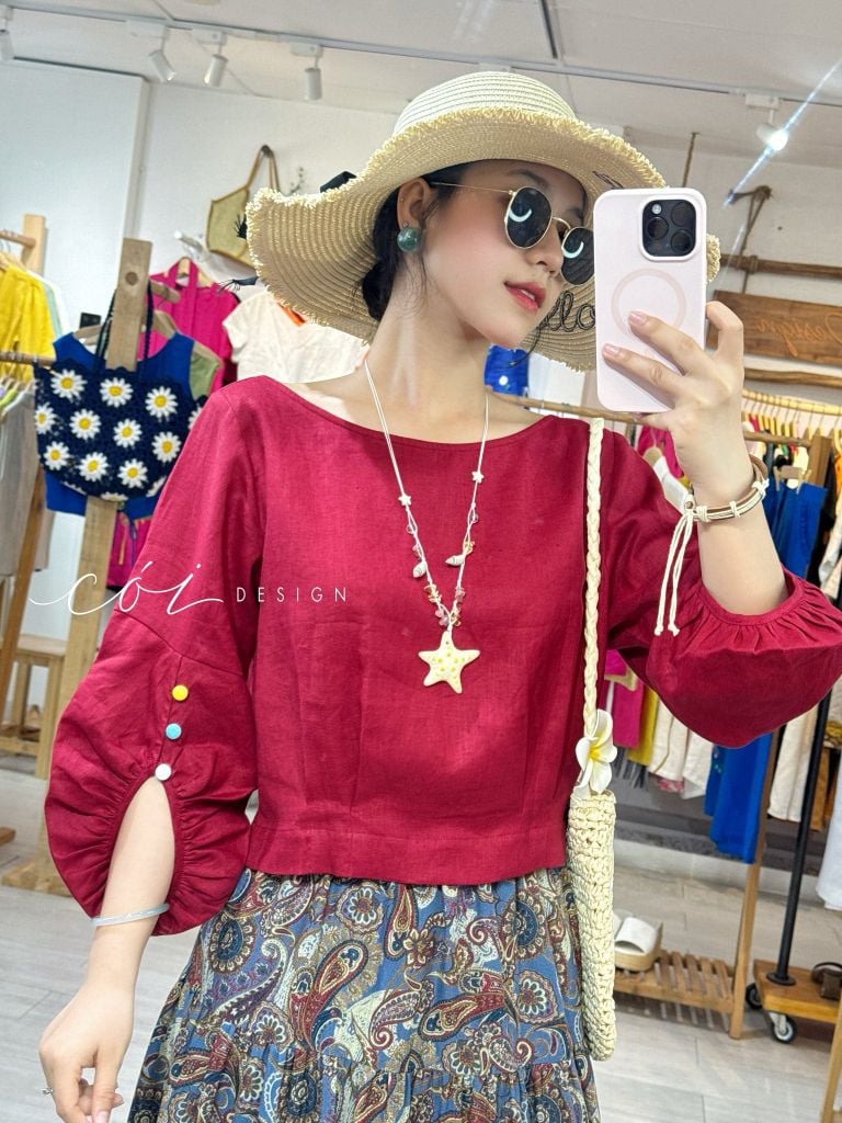 Áo tay phồng phối nơ lưng linen tưng premium Cói Design