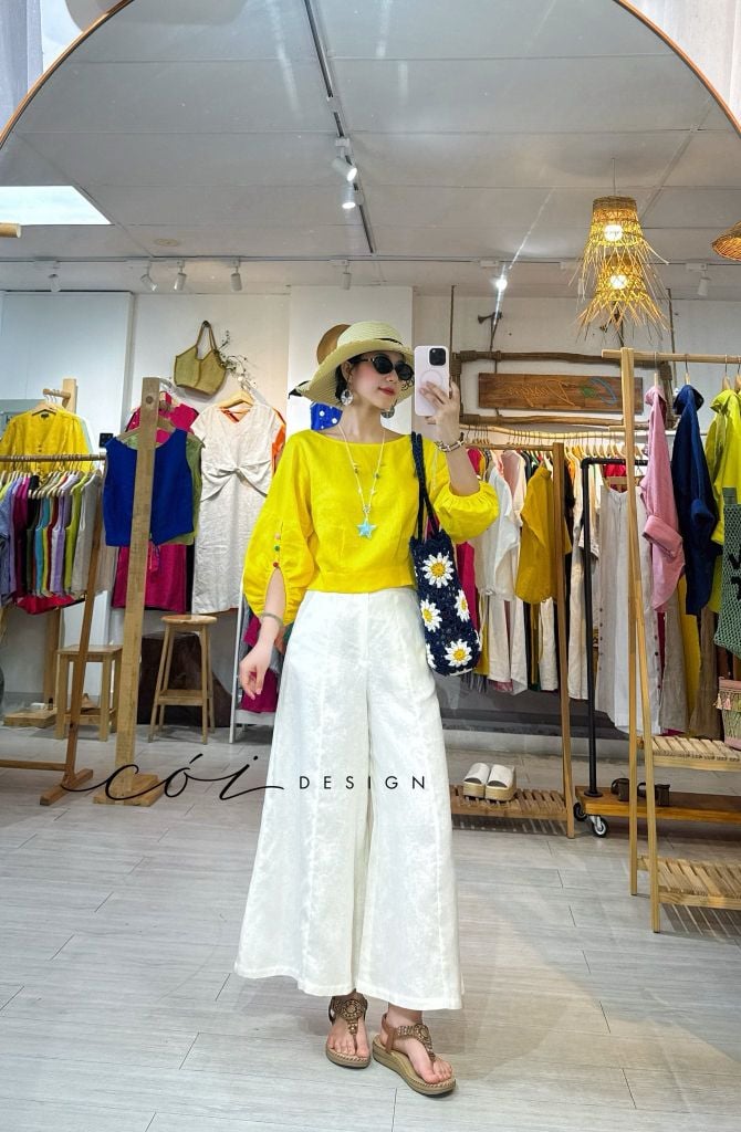 Áo tay phồng phối nơ lưng linen tưng premium Cói Design