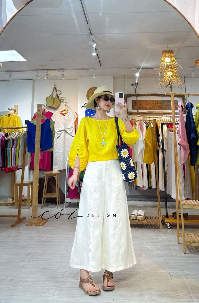 Áo tay phồng phối nơ lưng linen tưng premium Cói Design