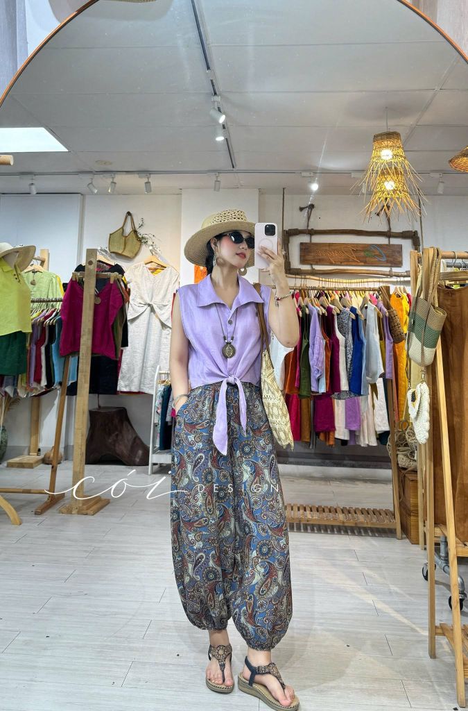 Quần bo gấu hoạ tiết Paisley linen Cói Design