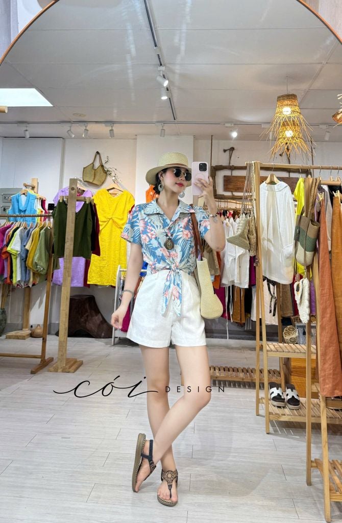 Áo tay ngắn thắt nơ linen Cói Design