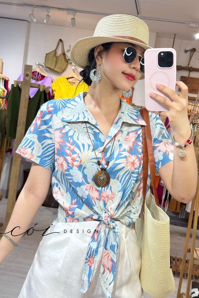 Áo tay ngắn thắt nơ linen Cói Design