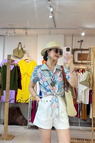 Áo tay ngắn thắt nơ linen Cói Design