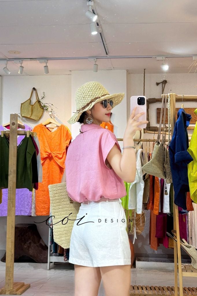 Áo cổ sơ mi phối dây linen tưng premium Cói Design