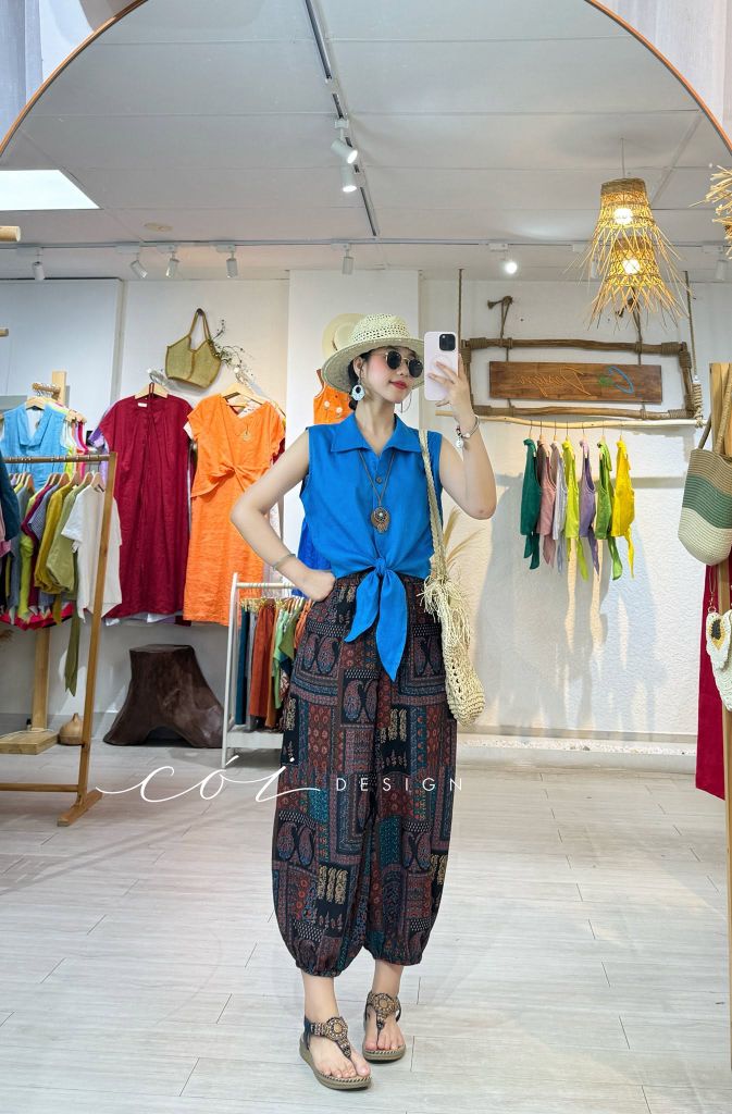 Quần bo gấu hoạ tiết Paisley linen Cói Design