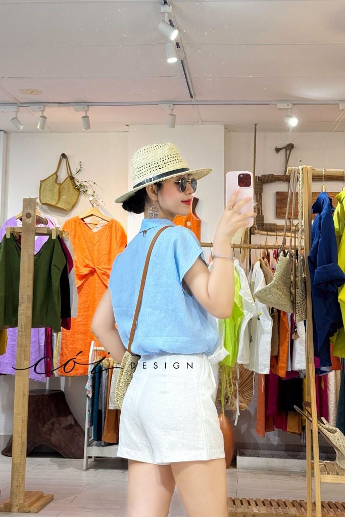 Áo cổ sơ mi phối dây linen tưng premium Cói Design