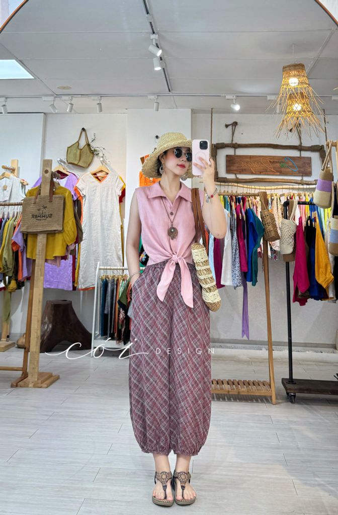Quần bo gấu hoạ tiết Paisley linen Cói Design