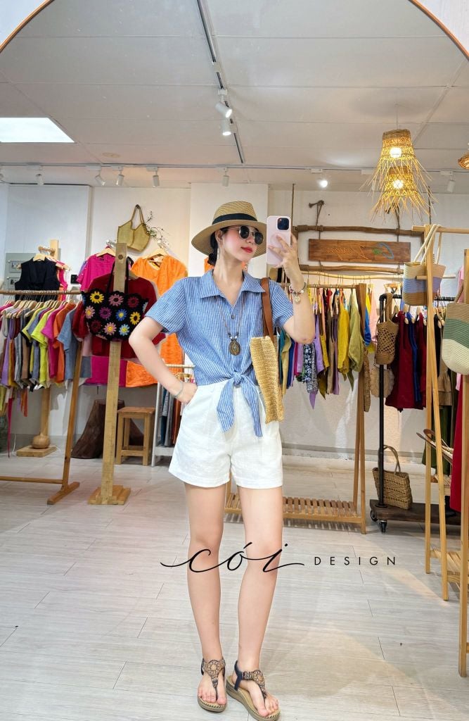 Áo tay ngắn thắt nơ linen Cói Design