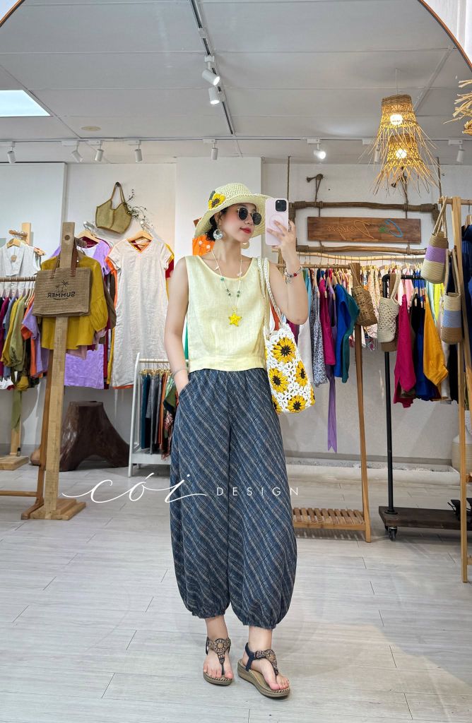 Quần bo gấu hoạ tiết Paisley linen Cói Design