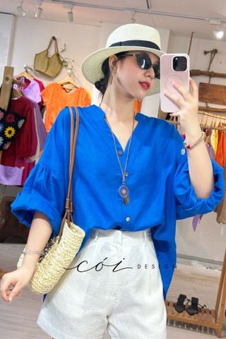 Áo cổ trụ tay nhún form oversize linen tưng premium Cói Design