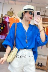 Áo cổ trụ tay nhún form oversize linen tưng premium Cói Design