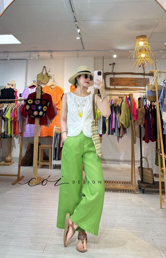 Quần suông phối bèo lai túi linen tưng premium Cói Design