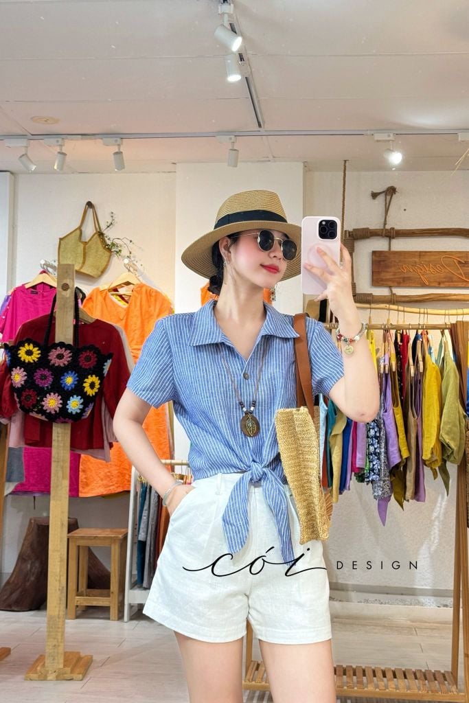 Áo tay ngắn thắt nơ linen Cói Design