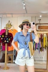 Áo tay ngắn thắt nơ linen Cói Design
