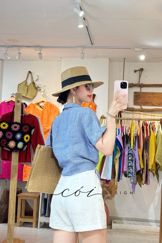 Áo tay ngắn thắt nơ linen Cói Design