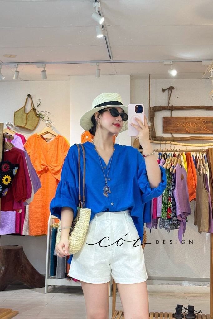 Áo cổ trụ tay nhún form oversize linen tưng premium Cói Design