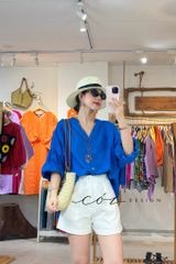 Áo cổ trụ tay nhún form oversize linen tưng premium Cói Design
