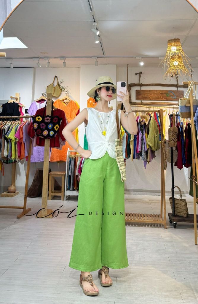 Quần suông phối bèo lai túi linen tưng premium Cói Design