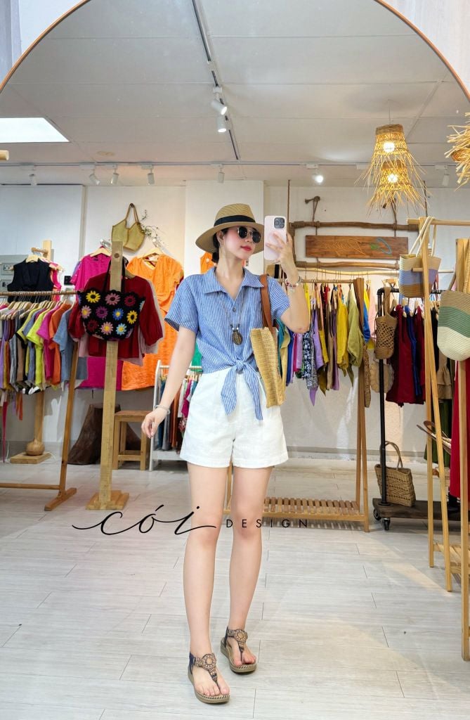 Áo tay ngắn thắt nơ linen Cói Design