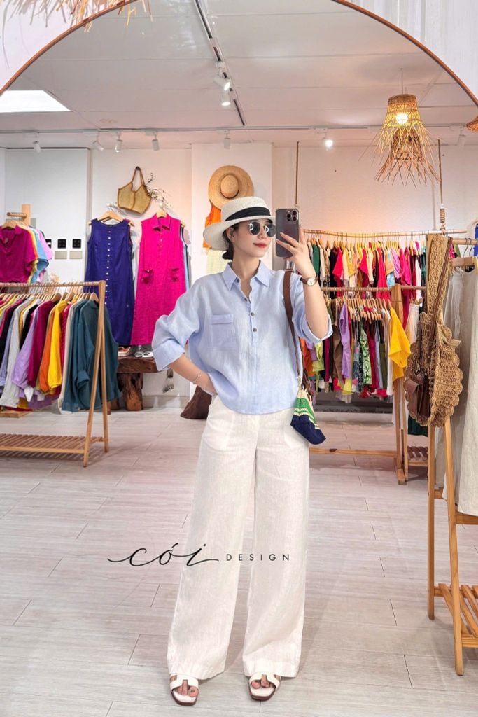 Áo cổ sơ mi 3 nút tay dài linen tưng premium Cói Design