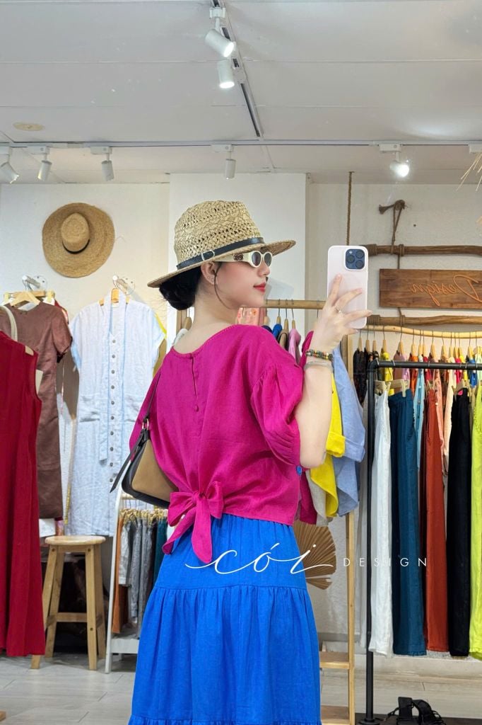 Áo thêu viền cổ phối hoa tua rua handmade linen tưng premium Cói Design