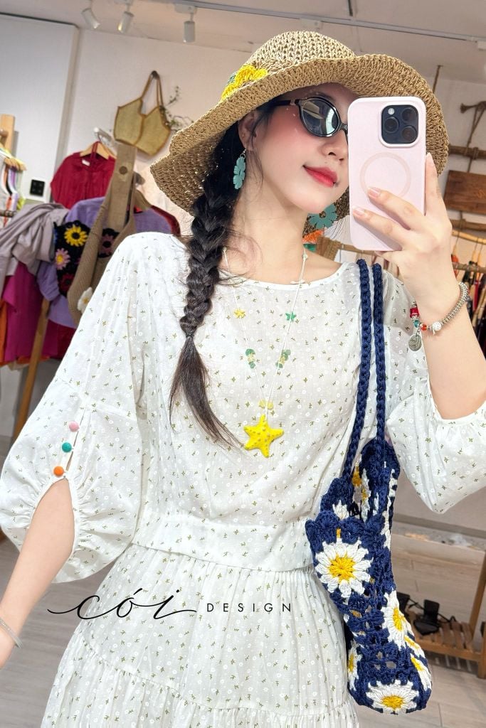 Áo tay phồng phối nơ lưng linen tưng premium Cói Design