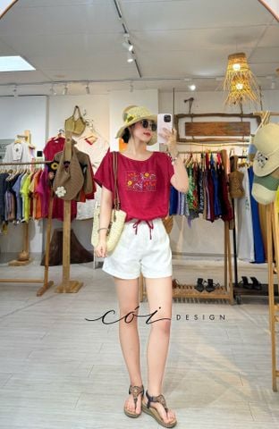 Áo cổ thuyền rút dây thêu vườn hoa linen tưng premium Cói Design