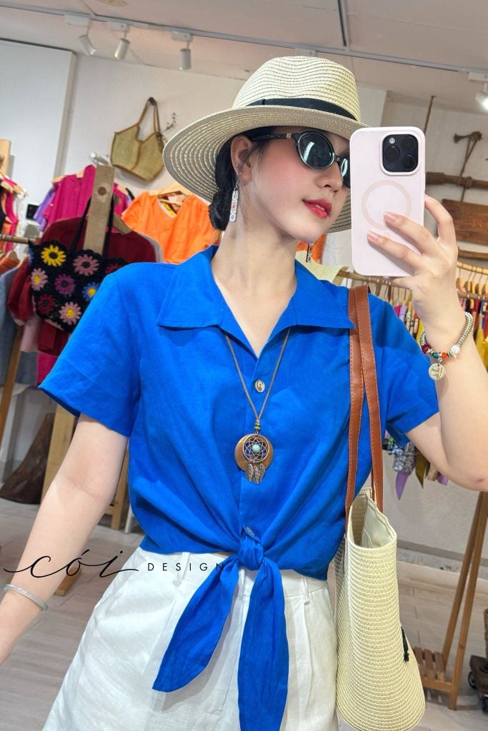 Áo tay ngắn thắt nơ linen Cói Design