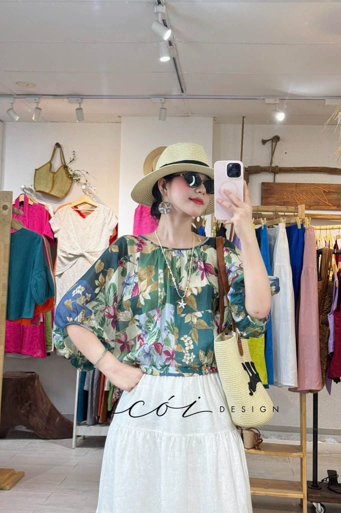 Áo cổ nhún tay phồng linen tơ Cói Design