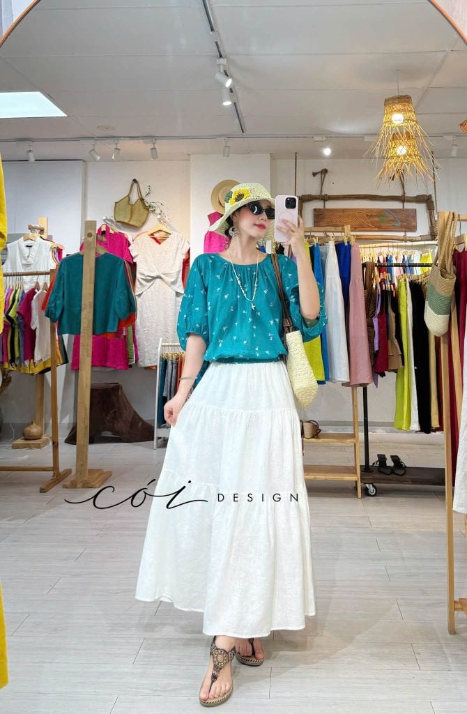 Áo cổ nhún tay phồng linen tơ Cói Design