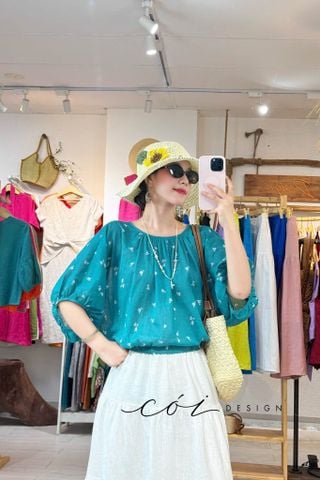 Áo cổ nhún tay phồng linen tơ Cói Design