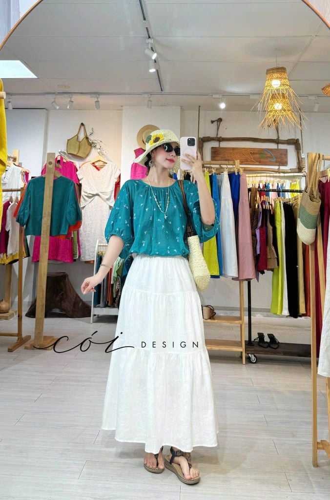 Áo cổ nhún tay phồng linen tơ Cói Design