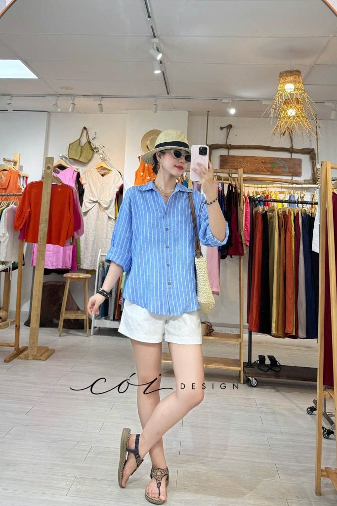 Áo sơ mi form suông phối nút lưng linen tưng premium Cói Design