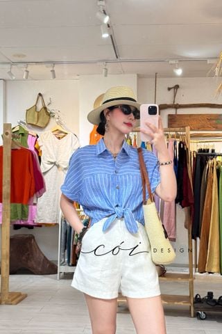 Áo sơ mi cột vạt có tay linen tưng premium Cói Design