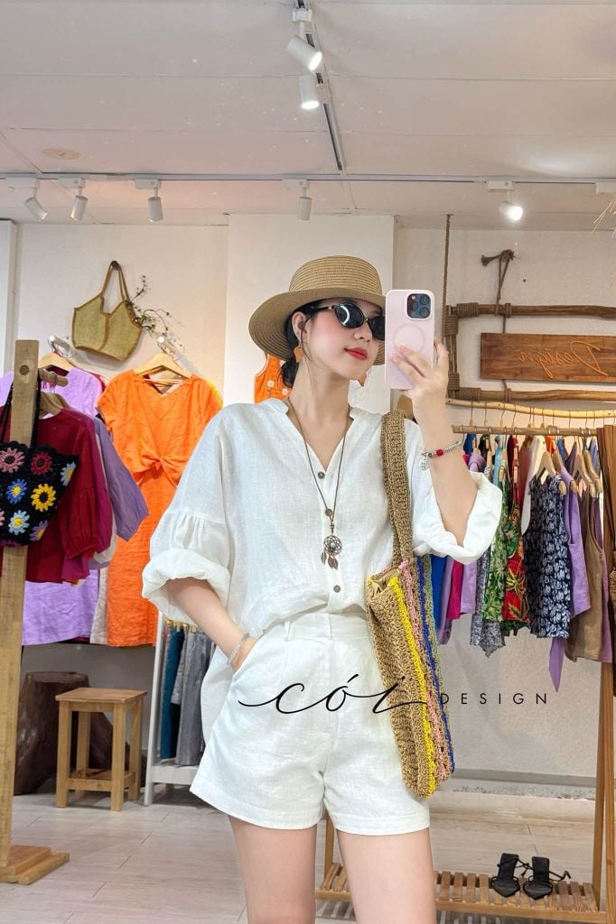 Áo cổ trụ tay nhún form oversize linen tưng premium Cói Design