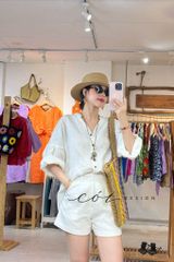 Áo cổ trụ tay nhún form oversize linen tưng premium Cói Design